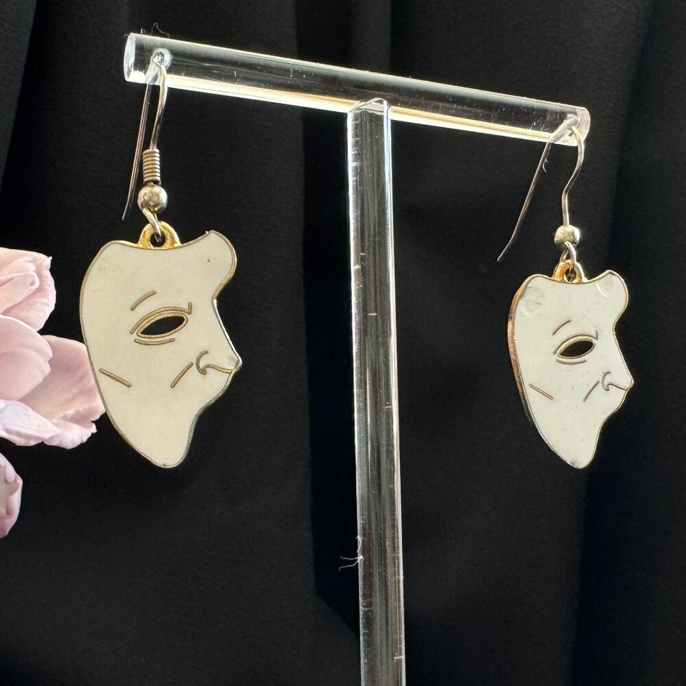 1990 Phantom of the Opera Mask White Enamel Dangle Earrings by Albert Elovitz